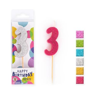  - Geschenkartikel Allgemein - Party Artikel - Birthday Fun Zahlenkerze 3 Glitter Mini