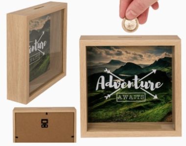  - Geschenkartikel Allgemein - Spardose mit Glasfront - Holz-Spardose - Adventure awaits